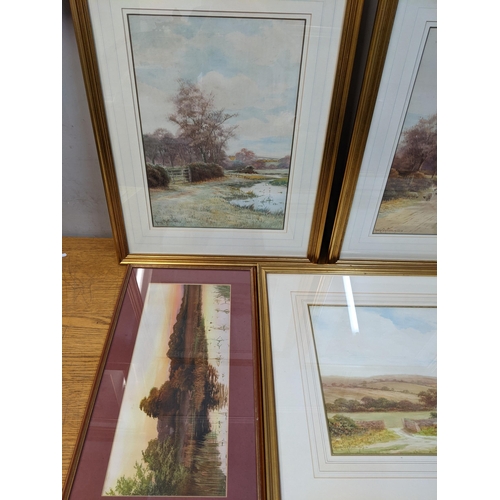 197 - George Oyston - a landscape with a hill, two landscapes with rivers, watercolours, each framed and g... 