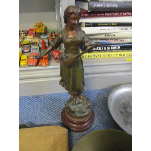 451 - Mixed metalware and other items to include a French patinated spelter Mignon figurine, art deco chro... 