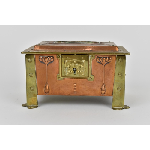 24 - An Arts & Crafts copper, brass and enamel box, with four brass rivet brackets to each corner against... 