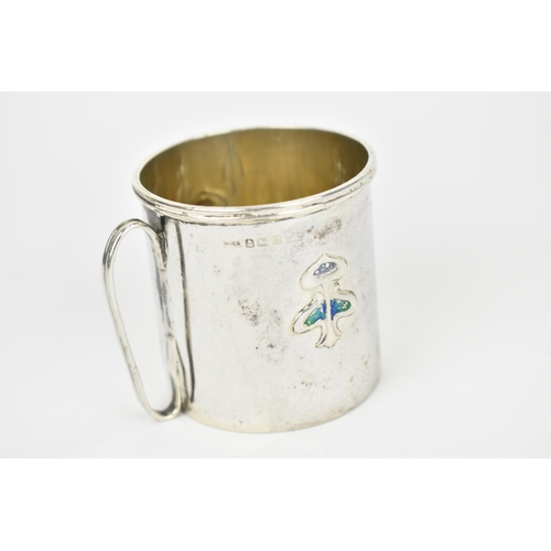 30 - An Edwardian silver and enamel christening cup by Daniel George Collins, Birmingham 1907, with embos... 