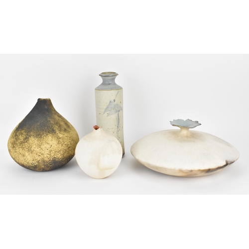 70 - A small collection of Studio pottery, to include a large smoked vase by Sophia Hughes, of flat circu... 