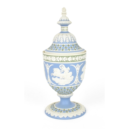 80 - A Wedgwood Masterpiece series tri-color diceware Athena urn, in sage, blue and white jasperware, the... 