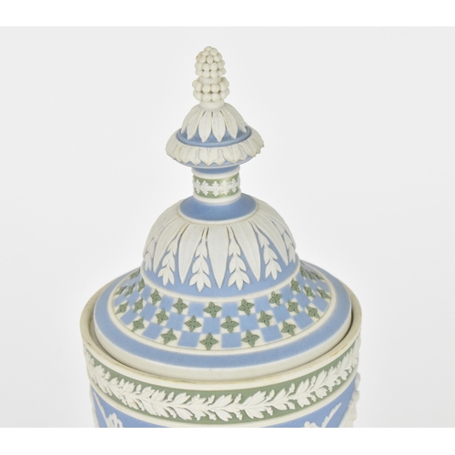 80 - A Wedgwood Masterpiece series tri-color diceware Athena urn, in sage, blue and white jasperware, the... 