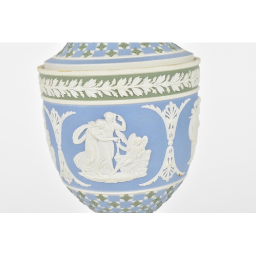 80 - A Wedgwood Masterpiece series tri-color diceware Athena urn, in sage, blue and white jasperware, the... 