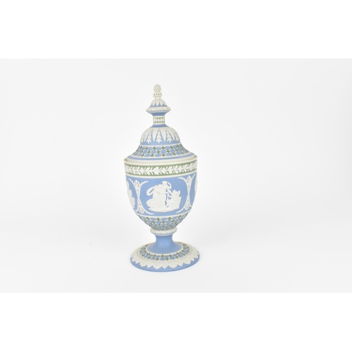 80 - A Wedgwood Masterpiece series tri-color diceware Athena urn, in sage, blue and white jasperware, the... 