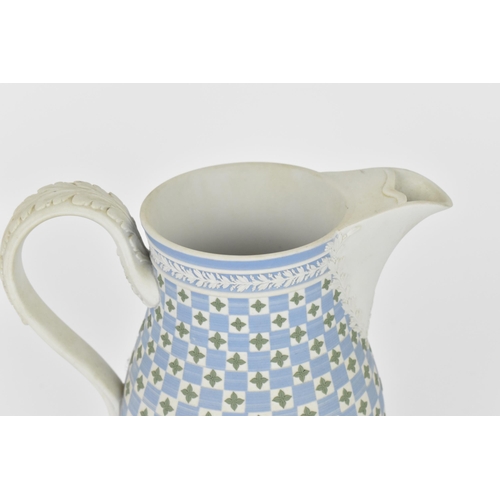 81 - A Wedgwood tri-colour dice ware coffee pot (no lid), in blue, sage and white jasperware, designed wi... 