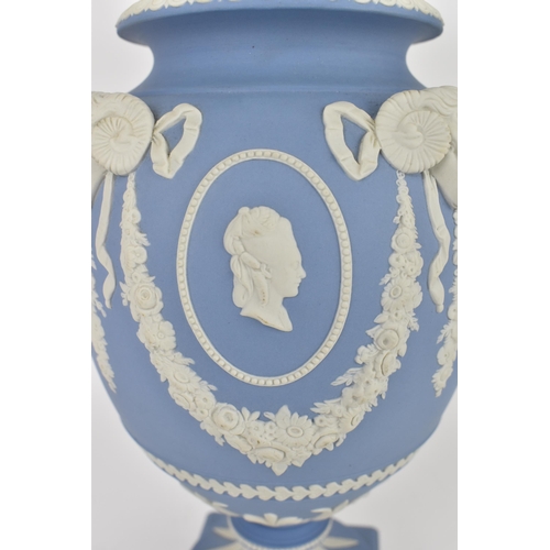 82 - A large Wedgwood prestige blue jasperware rams head pot pourri urn on stand, with cameos of Louis XV... 