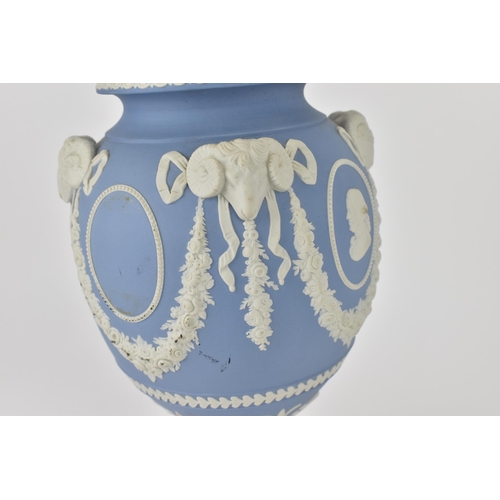 82 - A large Wedgwood prestige blue jasperware rams head pot pourri urn on stand, with cameos of Louis XV... 