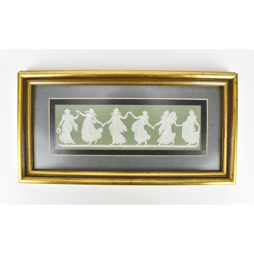 84 - A framed Wedgwood 'Dancing Hours' sage jasperware plaque, the reverse with factory mark and date '89... 