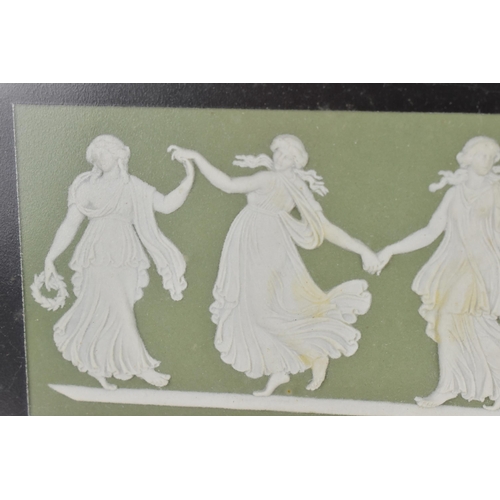 84 - A framed Wedgwood 'Dancing Hours' sage jasperware plaque, the reverse with factory mark and date '89... 