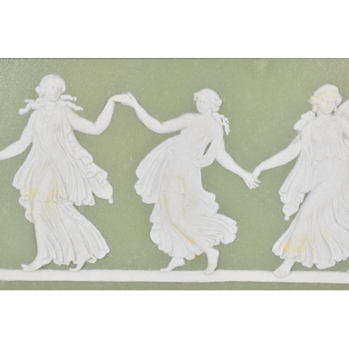 84 - A framed Wedgwood 'Dancing Hours' sage jasperware plaque, the reverse with factory mark and date '89... 