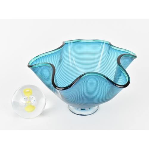 92 - A Czech studio glass bowl, of freeform with wave border, the design with blue spiral glass work givi... 