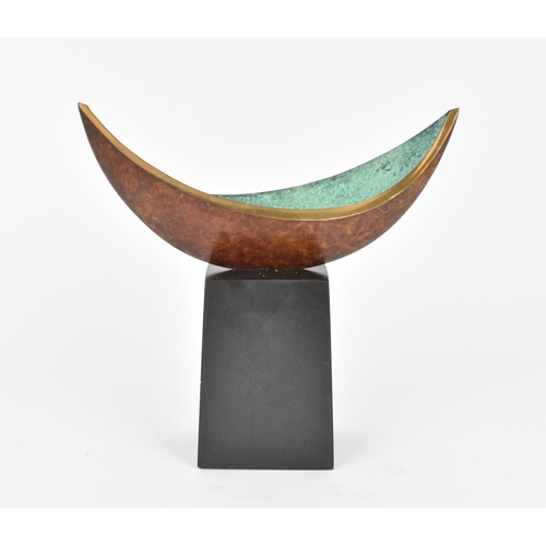 98 - Philip Hearsey (b.1946), cast bronze abstract sculpture, in the shape of a crest with verdigris inte... 