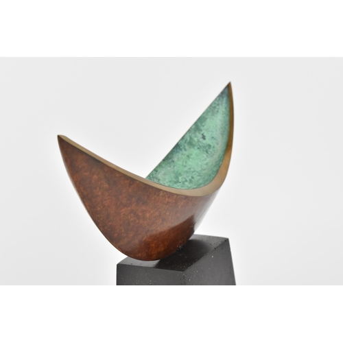 98 - Philip Hearsey (b.1946), cast bronze abstract sculpture, in the shape of a crest with verdigris inte... 