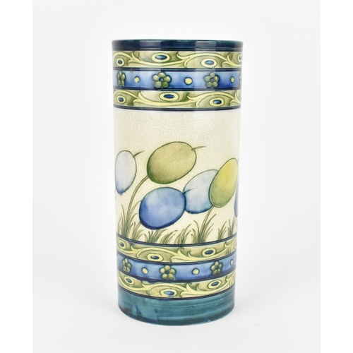 126 - A William Moorcroft cylinder vase in the 'banded honesty' pattern, circa 1930, the main central blue... 