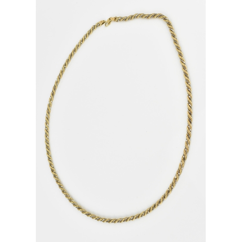 182 - A 9ct two tone gold ropetwist chain necklace, 57 cm long, stamped 375, 18.7 grams