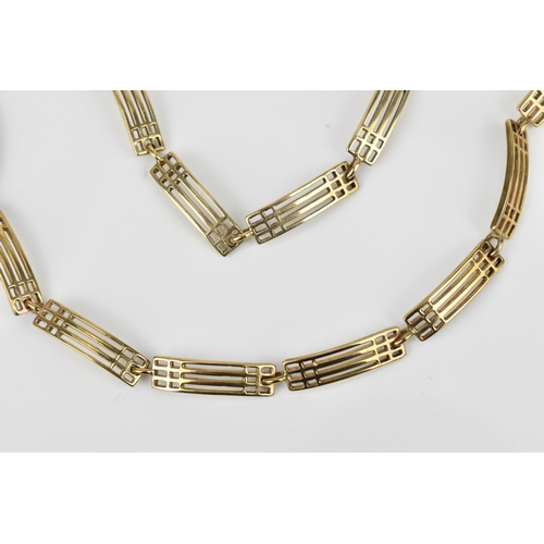 184 - A 9ct yellow gold gatelink necklace and matching bracelet, each with pierced rectangular links, the ... 