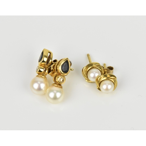 185 - A pair of 18ct yellow gold, pearl, diamond and blue sapphire earrings, with teardrop sapphire above ... 