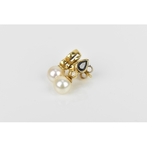 185 - A pair of 18ct yellow gold, pearl, diamond and blue sapphire earrings, with teardrop sapphire above ... 