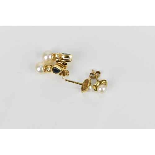 185 - A pair of 18ct yellow gold, pearl, diamond and blue sapphire earrings, with teardrop sapphire above ... 