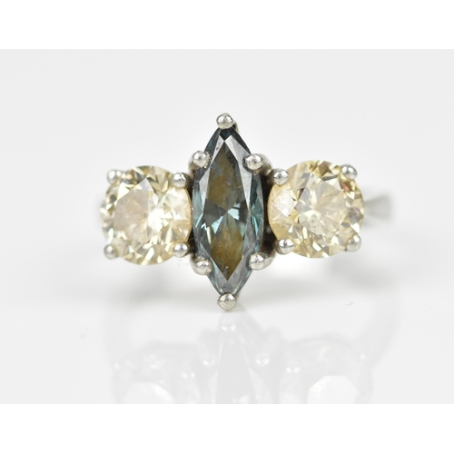 190 - A platinum, diamond and blue diamond ring, with central marquise cut blue diamond flanked with a bri... 