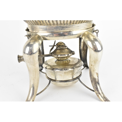 197 - A Chinese export silver spirit kettle on stand, the teapot by 'Hung Chung & Co', of oval part fluted... 