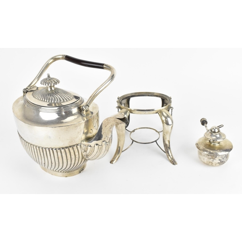 197 - A Chinese export silver spirit kettle on stand, the teapot by 'Hung Chung & Co', of oval part fluted... 