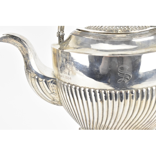 197 - A Chinese export silver spirit kettle on stand, the teapot by 'Hung Chung & Co', of oval part fluted... 