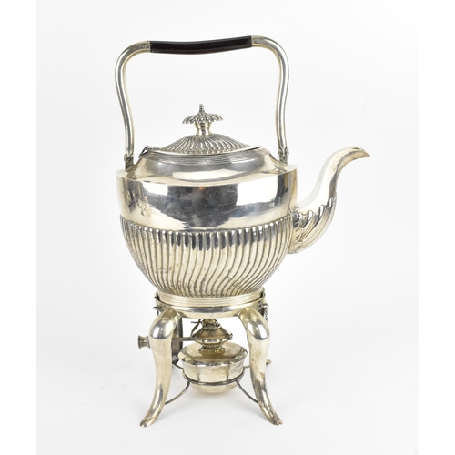 197 - A Chinese export silver spirit kettle on stand, the teapot by 'Hung Chung & Co', of oval part fluted... 