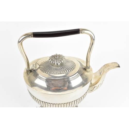 197 - A Chinese export silver spirit kettle on stand, the teapot by 'Hung Chung & Co', of oval part fluted... 