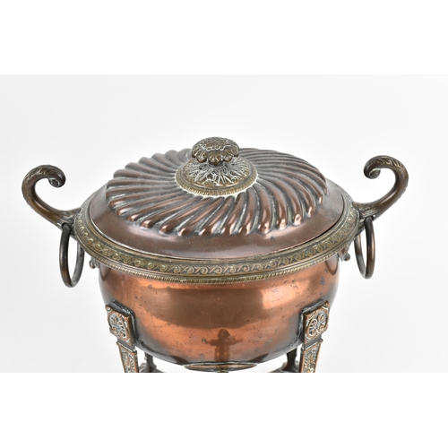 213 - A 19th century Regency copper and bras samovar, designed with vitruvian scroll border, fluted lid wi... 