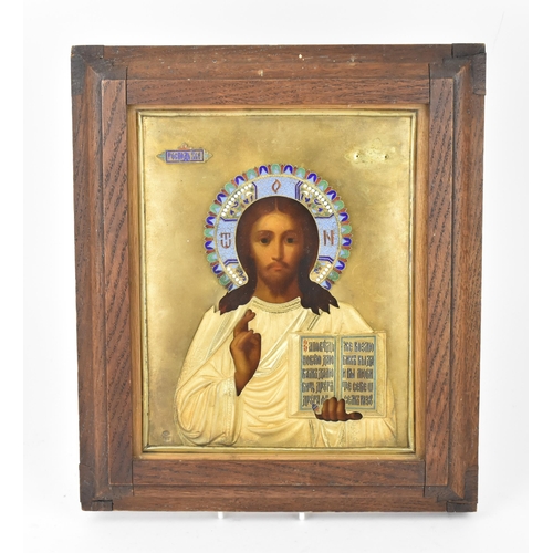 214 - A late 19th/early 20th century Russian icon of Christ Pantocrator, with silver-gilt and cloisonne en... 