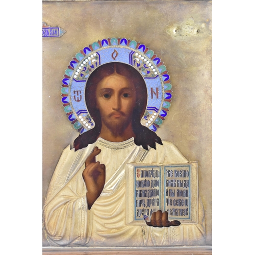 214 - A late 19th/early 20th century Russian icon of Christ Pantocrator, with silver-gilt and cloisonne en... 