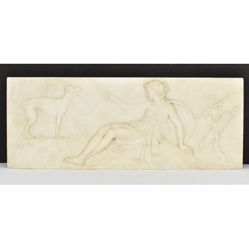 150 - A 19th century carved marble relief plaque, of Classical theme depicting Diana the huntress, holding... 