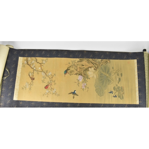 221 - Two 19th century or later Chinese hanging scroll paintings, each painted on silk, one depicting exot... 