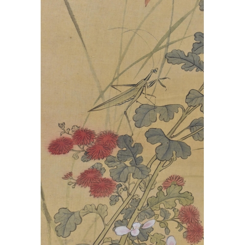 221 - Two 19th century or later Chinese hanging scroll paintings, each painted on silk, one depicting exot... 