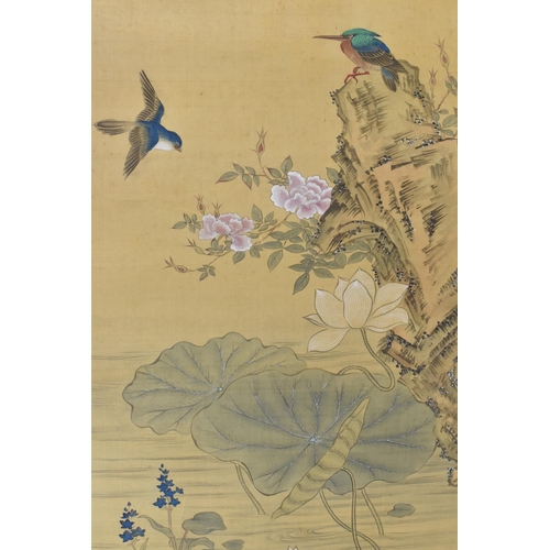 221 - Two 19th century or later Chinese hanging scroll paintings, each painted on silk, one depicting exot... 