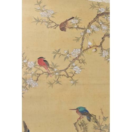 221 - Two 19th century or later Chinese hanging scroll paintings, each painted on silk, one depicting exot... 