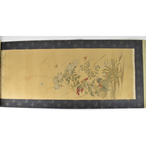 221 - Two 19th century or later Chinese hanging scroll paintings, each painted on silk, one depicting exot... 