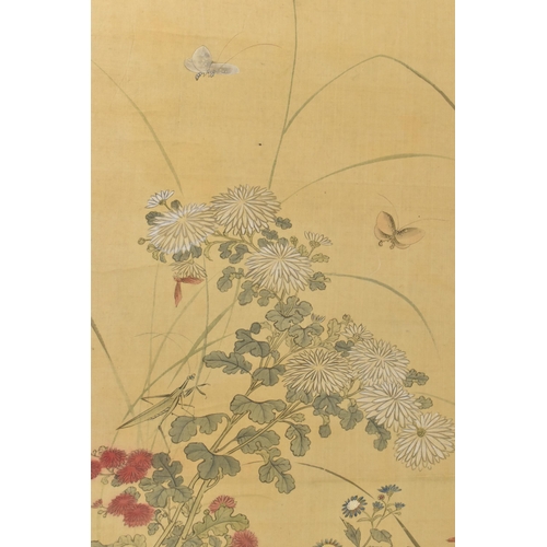 221 - Two 19th century or later Chinese hanging scroll paintings, each painted on silk, one depicting exot... 