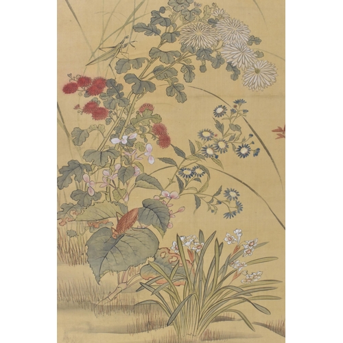 221 - Two 19th century or later Chinese hanging scroll paintings, each painted on silk, one depicting exot... 