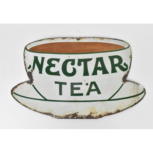 233 - A vintage 'NECTAR TEA' advertising enamel sign with green lettering on a white teacup shaped ground,... 