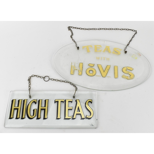 234 - Two vintage advertising glass hanging signs, with gilt lettering and bevelled edge, one rectangular ... 