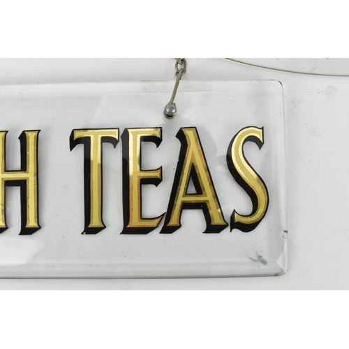 234 - Two vintage advertising glass hanging signs, with gilt lettering and bevelled edge, one rectangular ... 