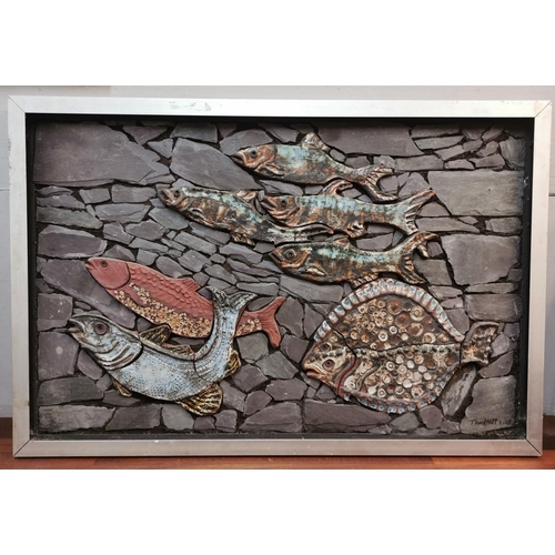 133 - Philippa Threlfall (contemporary), a large mixed media wall panel/mural in ceramic, slate and wood, ... 