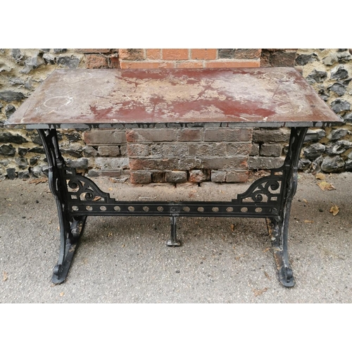 166 - A Victorian cast iron rectangular pub table, with twin-pierced three-leaf clover and floral decorate... 