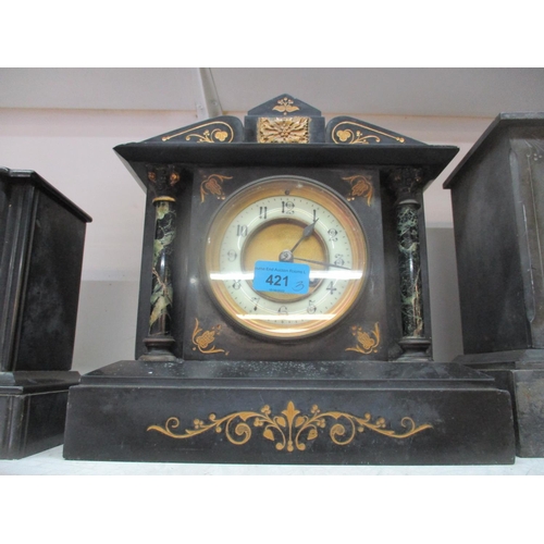 267 - A group of three black marble and slate mantle clocks, A/F, no keys, Location: G