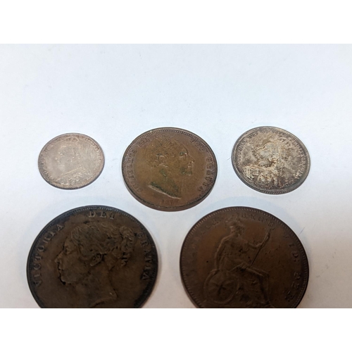 107 - A group of mostly Victorian British coinage to include 1857 and 1879 pennies, 1887 shilling and sixp... 