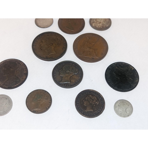 107 - A group of mostly Victorian British coinage to include 1857 and 1879 pennies, 1887 shilling and sixp... 