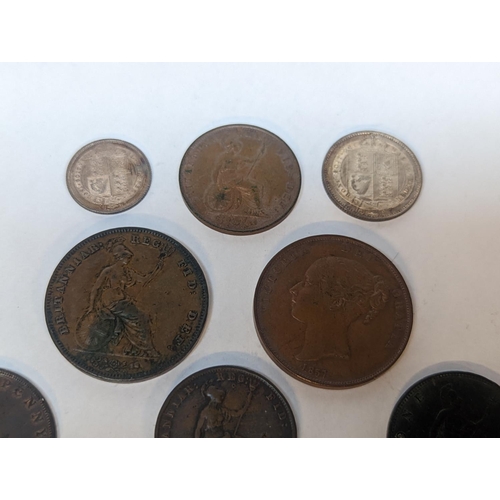 107 - A group of mostly Victorian British coinage to include 1857 and 1879 pennies, 1887 shilling and sixp... 